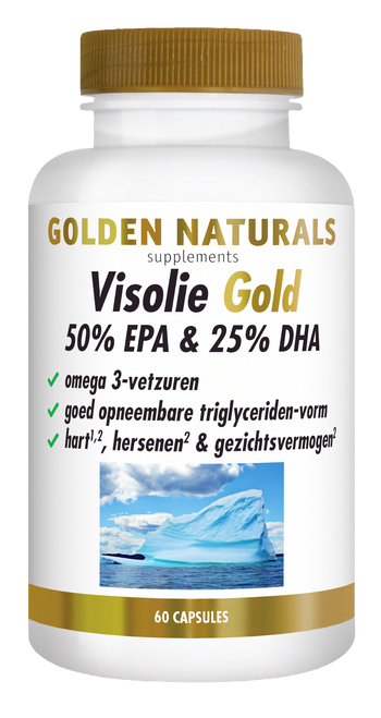 Visolie Gold 50% EPA & 25% DHA capsules van Golden Naturals in wit flesje met goud deksel.