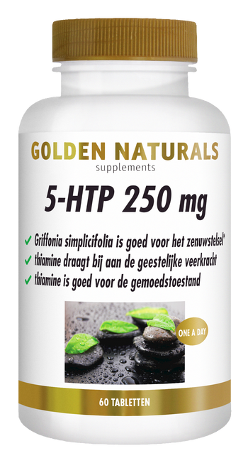 Golden Naturals 5-HTP 250 mg, 60 tabletten, wit flesje met gouden deksel en label.