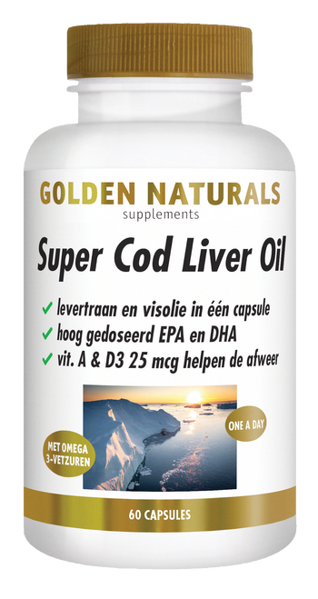 Golden Naturals Super Cod Liver Oil supplement pot met 60 capsules in wit en goud kleur.