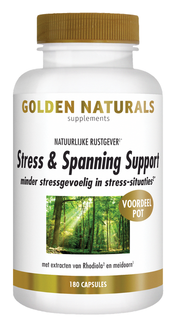 Golden Naturals Stress & Spanning Support witte fles met gouden deksel en etiket.