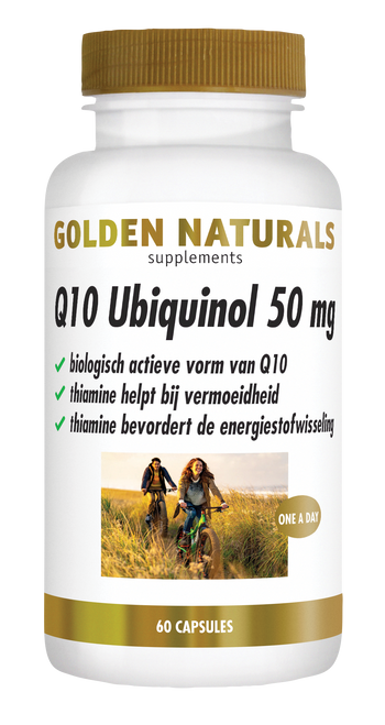Golden Naturals Q10 Ubiquinol 50 mg, wit flesje met gouden deksel en etiket met twee vrouwen.