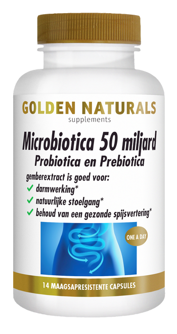 Golden Naturals Microbiotica 50 miljard, witte fles met gouden deksel en label met blauwe darmafbeelding.