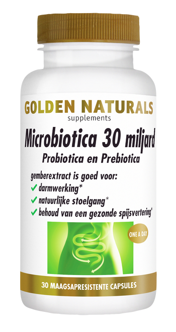 Golden Naturals Microbiotica 30 miljard, witte fles met gouden deksel en etiket.