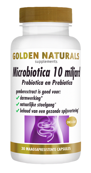 Golden Naturals Microbiotica 10 miljard probiotica capsules met gemberextract en vitamine C.