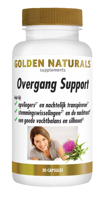 Golden Naturals Overgang Support supplementen flesje met gouden deksel en etiket met vrouw en bloem.