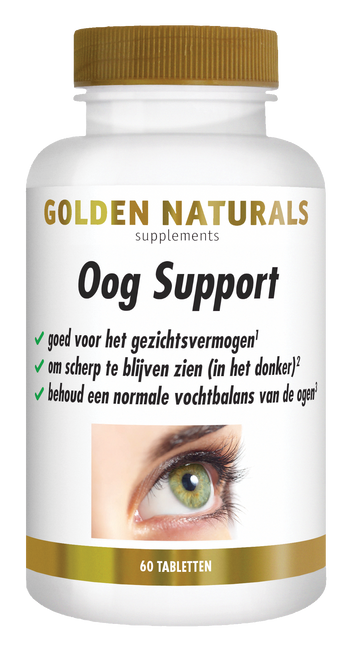 Golden Naturals Oog Support supplementen flesje met 60 tabletten voor ooggezondheid.