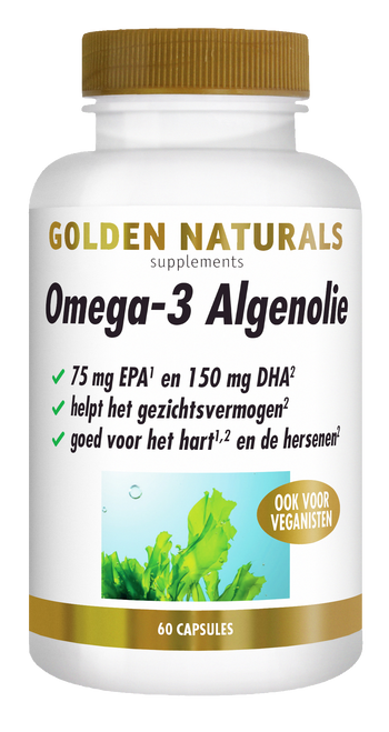 Golden Naturals Omega-3 Algenolie supplementen flesje met gouden deksel en 60 capsules.