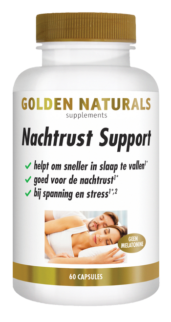 Golden Naturals Nachtrust Support, 60 capsules, wit met gouden deksel en verpakking.