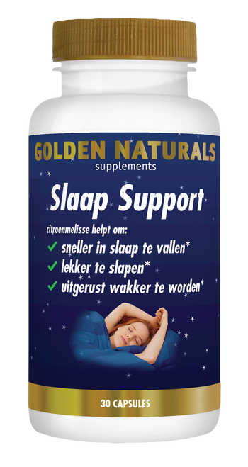 Golden Naturals Slaap Support wit flesje met gouden deksel en 30 capsules.