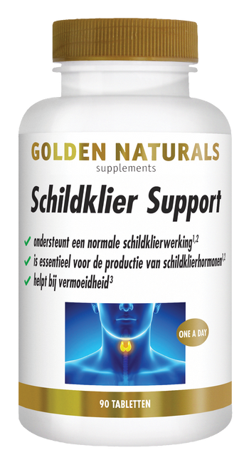 Golden Naturals Schildklier Support, 90 tabletten, wit met gouden deksel en label.
