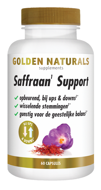 Golden Naturals Saffraan Support, wit flesje met gouden deksel en 60 capsules.
