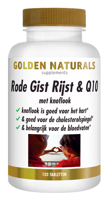 Rode Gist Rijst & Q10 supplementen flesje van Golden Naturals met gouden deksel en 120 tabletten.