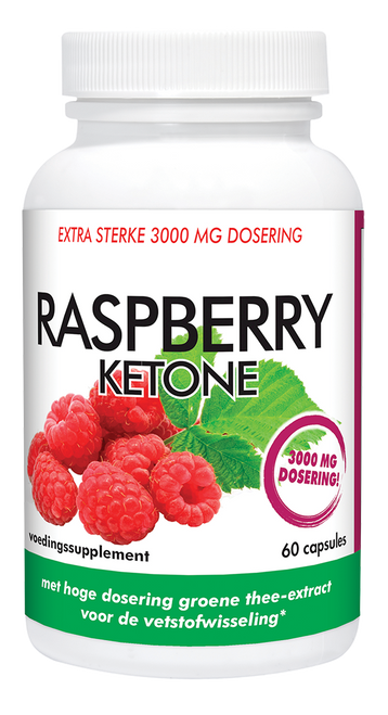 Natusor Raspberry Ketone capsules, 3000mg dosering, witte fles met frambozen en groene thee extract.