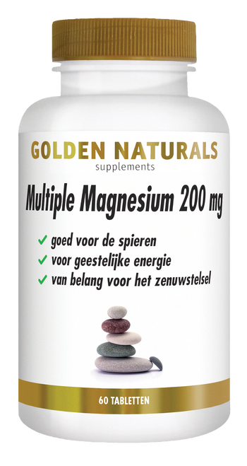 Golden Naturals Multiple Magnesium 200 mg, 60 tabletten, wit met gouden deksel en band.