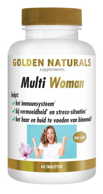 Golden Naturals Multi Woman supplementen flesje met 60 tabletten, gouden deksel en wit label.