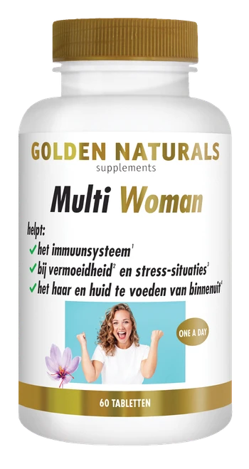 Golden Naturals Multi Woman supplement flesje met 60 tabletten, goudkleurige dop en witte label.