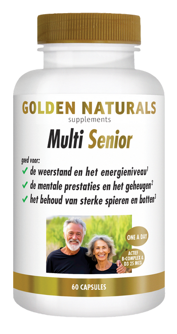 Golden Naturals Multi Senior, 60 capsules, witte fles met gouden deksel en label.