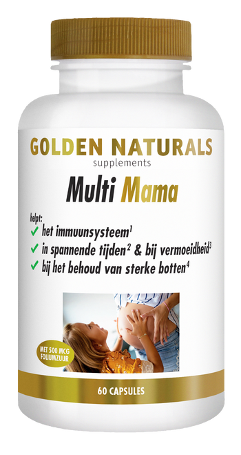 Golden Naturals Multi Mama supplement, witte fles met gouden deksel en etiket, 60 capsules.