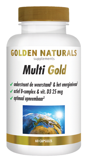 Golden Naturals Multi Gold capsules, 60 stuks, wit potje met gouden deksel en label.