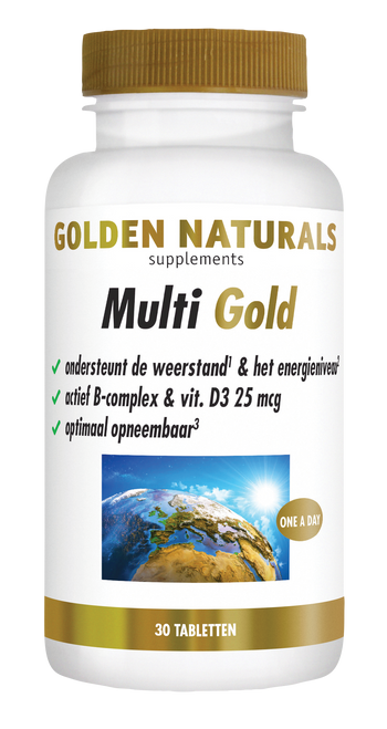 Golden Naturals Multi Gold tabletten, 30 stuks, wit met gouden deksel en label.