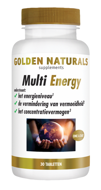 Golden Naturals Multi Energy, 30 tabletten, wit en goudkleurig flesje met nutritionele supplementen.