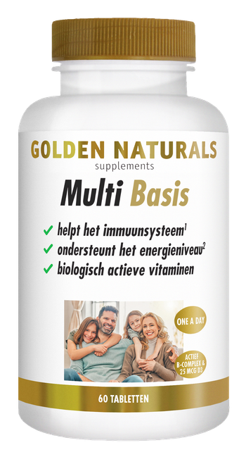 Golden Naturals Multi Basis supplementen flesje met 60 tabletten, wit met gouden deksel en label.