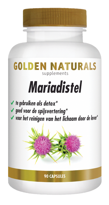 Golden Naturals Mariadistel, 90 capsules, wit potje met gouden deksel en etiket.