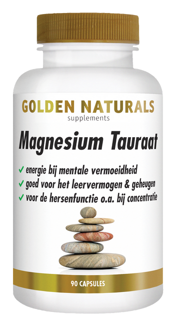 Golden Naturals Magnesium Tauraat, 90 capsules, wit flesje met gouden deksel en label.