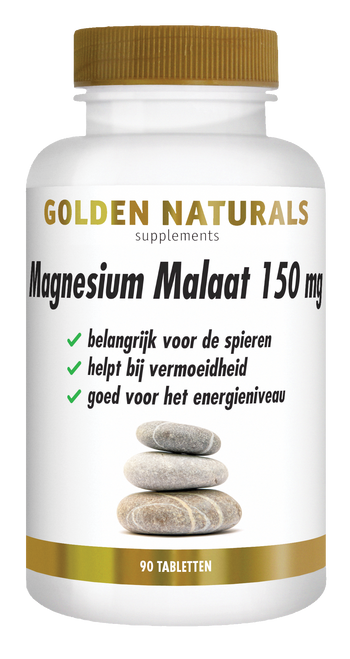 Golden Naturals Magnesium Malaat 150 mg, 90 tabletten, wit flesje met gouden deksel en label.