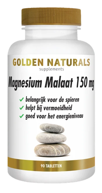 Golden Naturals Magnesium Malaat 150 mg, 90 tabletten, wit met gouden deksel en label.