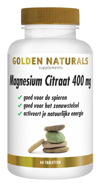 Golden Naturals Magnesium Citraat 400 mg, 60 tabletten, wit flesje met gouden deksel en label.