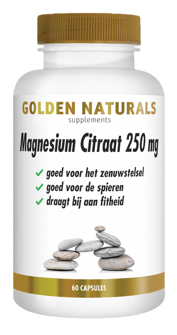 Golden Naturals Magnesium Citraat 250 mg, wit flesje met gouden deksel en etiket.
