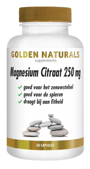 Golden Naturals Magnesium Citraat 250 mg, wit flesje met gouden deksel en etiket.