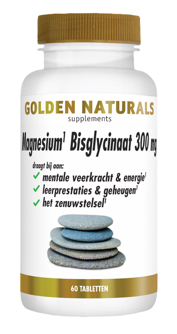 Magnesium Bisglycinaat 300 mg supplementen van Golden Naturals, witte fles met gouden deksel en label.