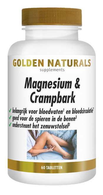 Golden Naturals Magnesium & Crampbark supplementen flesje met 60 tabletten voor beenkramp en ontspanning