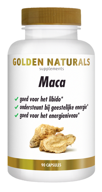 Golden Naturals Maca supplementen flesje met gouden deksel en 90 capsules.