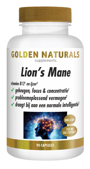 Golden Naturals Lion's Mane supplement pot met 90 capsules in wit en goud kleur.