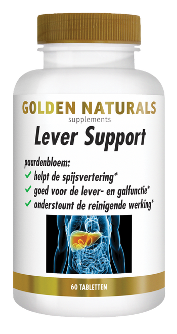 Golden Naturals Lever Support supplement flesje met gouden deksel en 60 tabletten.