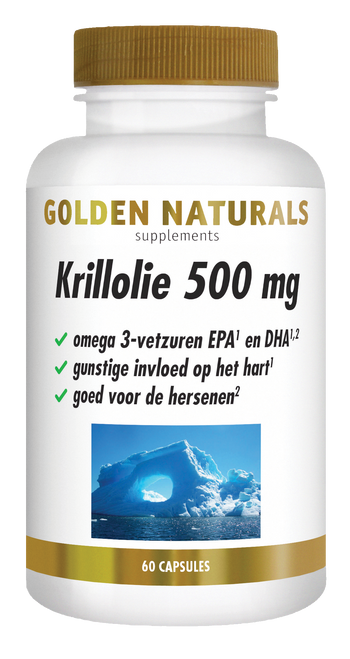 Golden Naturals Krillolie 500 mg, witte fles met gouden deksel en etiket, 60 capsules.