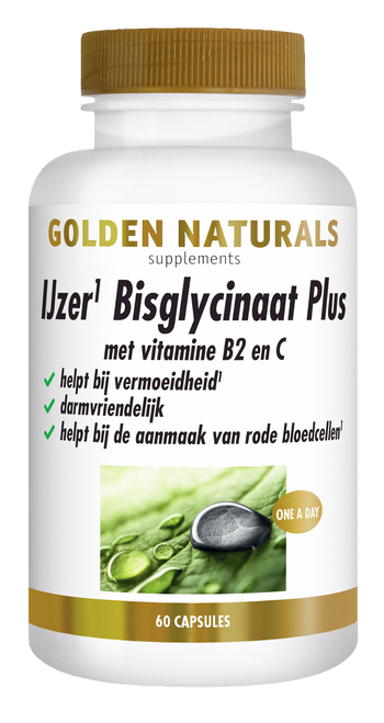 Golden Naturals IJzer Bisglycinaat Plus supplementen flesje met gouden deksel en 60 capsules.