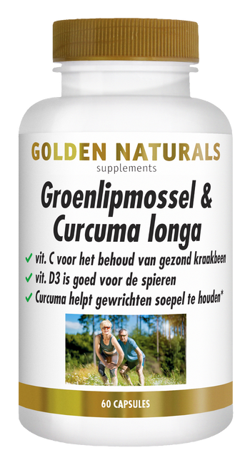Golden Naturals Groenlipmossel & Curcuma longa supplementen pot met 60 capsules, wit met gouden deksel.