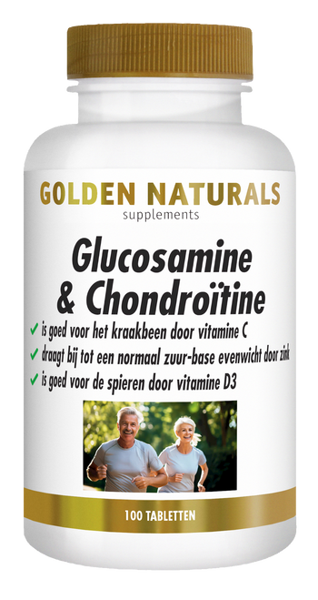 Golden Naturals Glucosamine & Chondroïtine supplementen flesje met 100 tabletten voor soepele gewrichten.