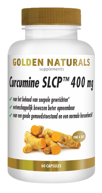 Golden Naturals Curcumine SLCP 400 mg, 60 capsules, wit flesje met gouden deksel en label.