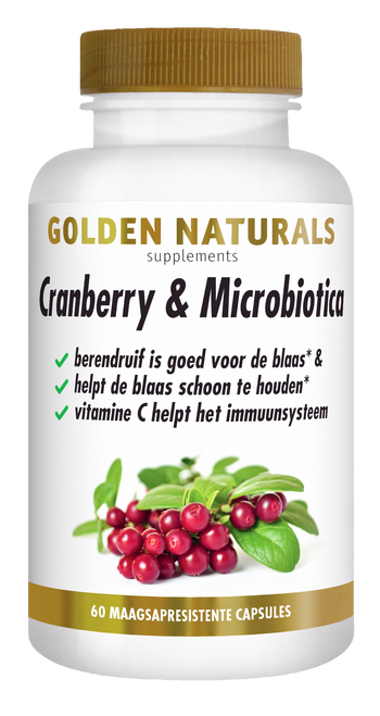 Golden Naturals Cranberry & Microbiotica supplementen flesje met berendruif capsules.