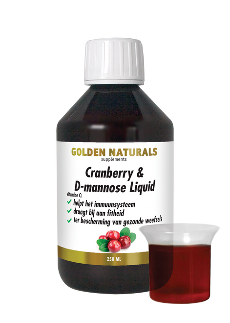 Golden Naturals Cranberry & D-mannose Liquid, donkerrode vloeistof in fles met witte deksel en maatbeker.