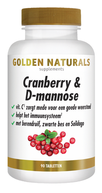 Golden Naturals Cranberry & D-mannose supplementen flesje met 90 tabletten, witte en gouden verpakking.
