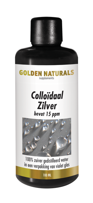 Colloïdaal Zilver 15 ppm, Golden Naturals, fles donker glas met wit etiket en gouden details.