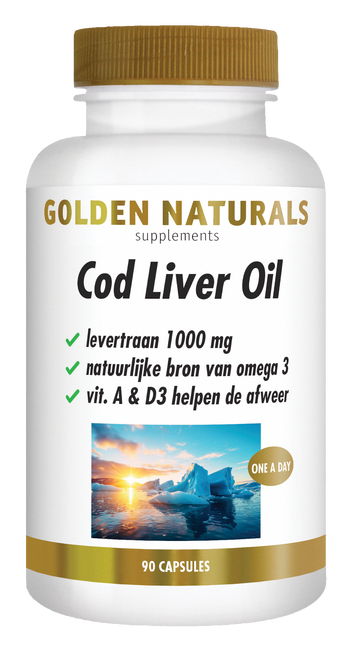 Golden Naturals Cod Liver Oil, 90 capsules, witte fles met gouden deksel en label.