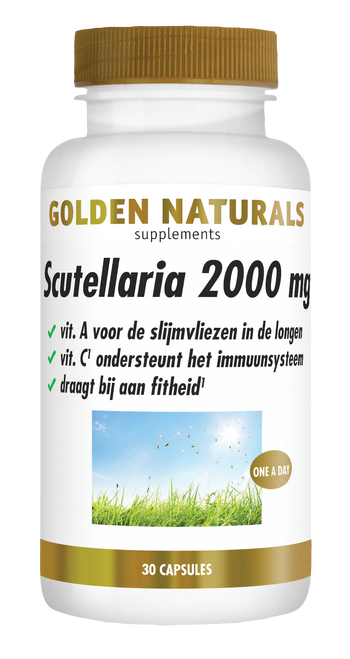 Golden Naturals Scutellaria 2000 mg witte fles met gouden deksel en label.