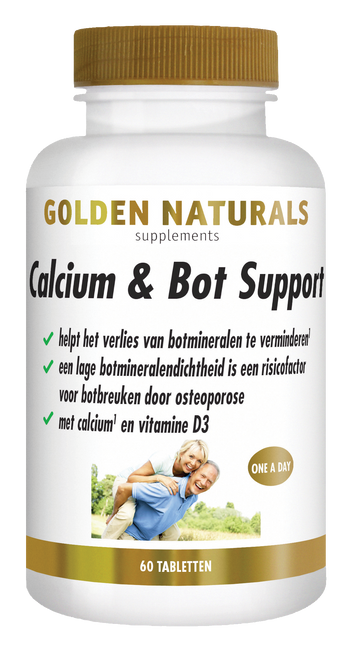 Golden Naturals Calcium & Bot Support, 60 tabletten, wit flesje met gouden deksel en label.